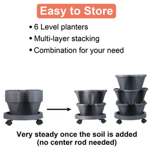 Stackable Planters 6 Tier Vertical Planters Strawberry, Herb, Flower, Vegetable Planter Indoor Outdoor Pots with Wheels, Dark Gray