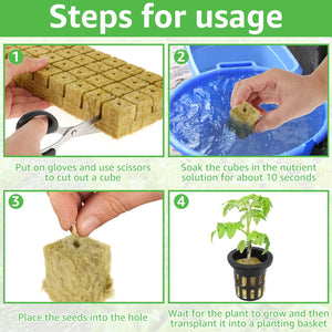 72 Set Rock wool Cubes for Hydroponics 1.5inch Rock Wool Planting Cubes Absorption Hydroponics Mesh Net Cup Kit for Home