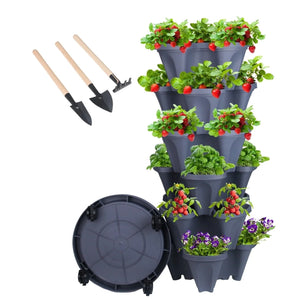 Stackable Planters 6 Tier Vertical Planters Strawberry, Herb, Flower, Vegetable Planter Indoor Outdoor Pots with Wheels, Dark Gray