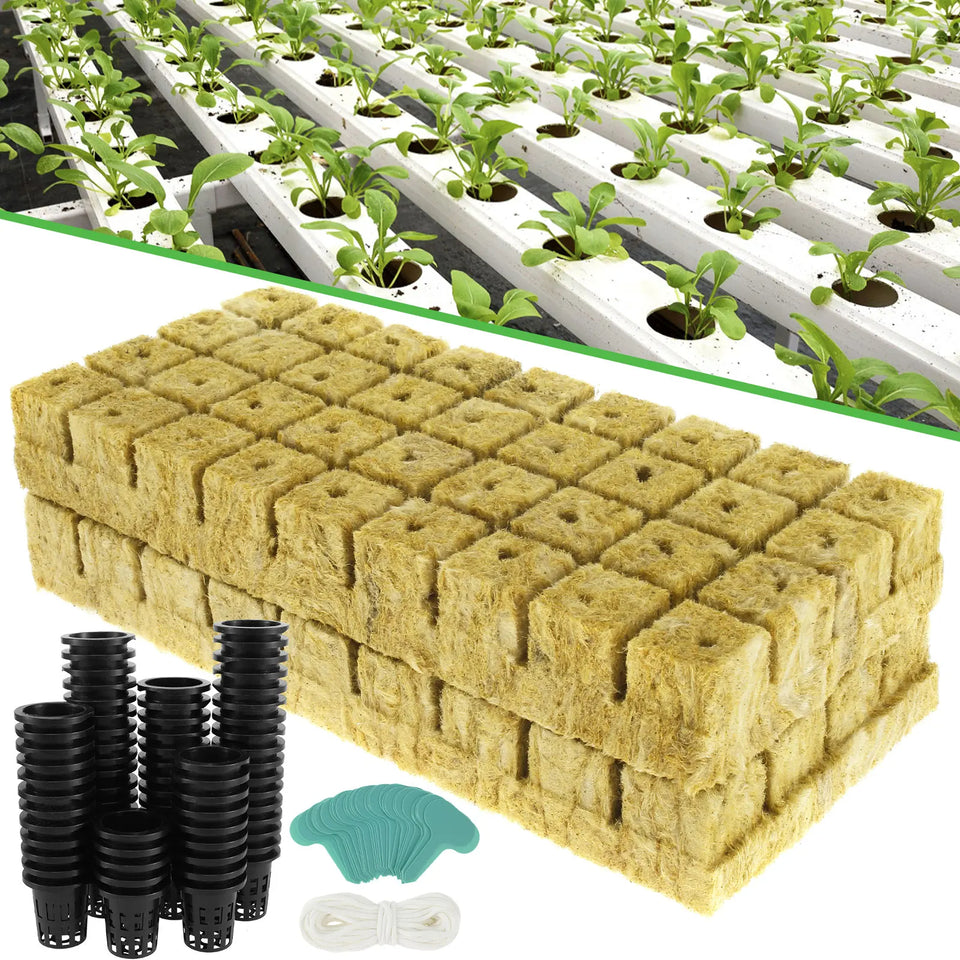 72 Set Rock wool Cubes for Hydroponics 1.5inch Rock Wool Planting Cubes Absorption Hydroponics Mesh Net Cup Kit for Home