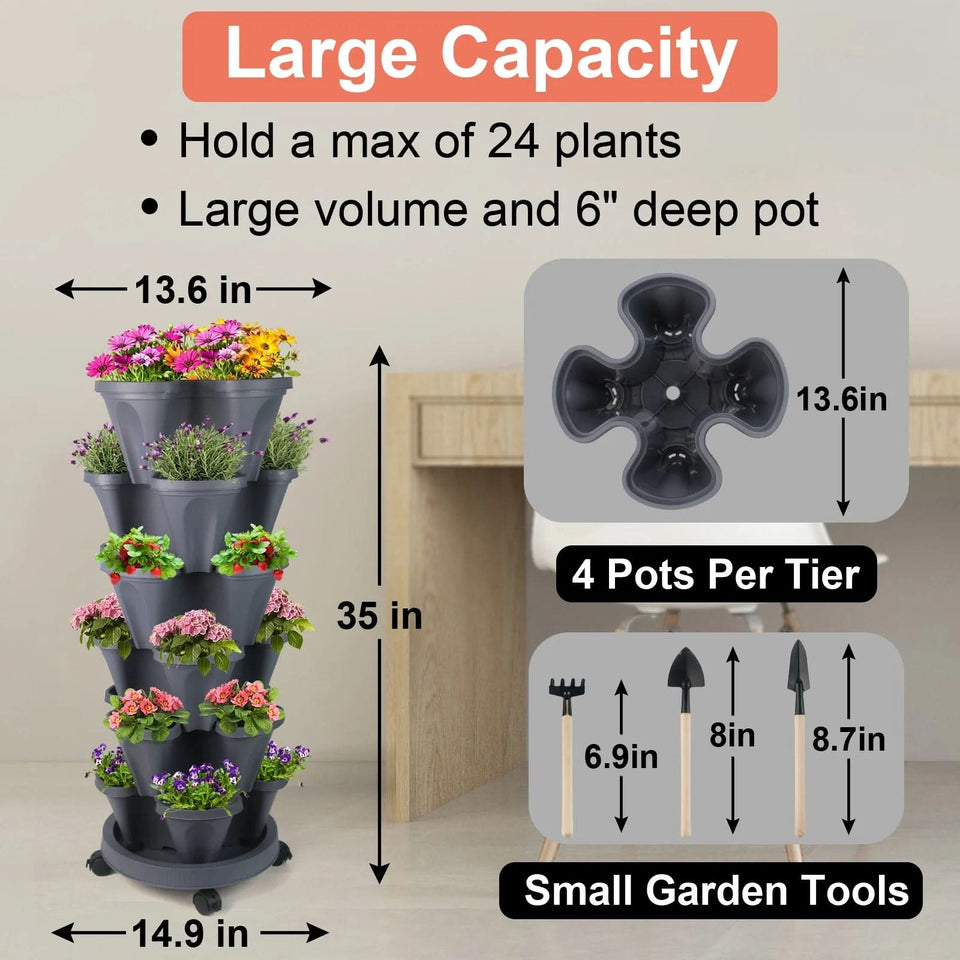 Stackable Planters 6 Tier Vertical Planters Strawberry, Herb, Flower, Vegetable Planter Indoor Outdoor Pots with Wheels, Dark Gray