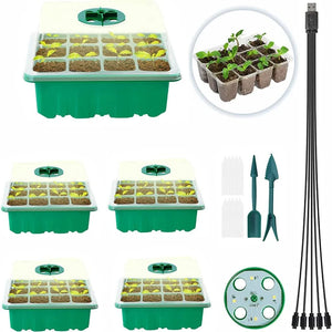 Reusable Seed Starter Tray Kit with LED Grow Light – 5 Pack (60 Cells Total)