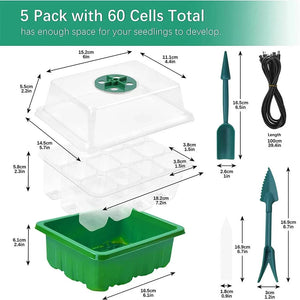 Reusable Seed Starter Tray Kit with LED Grow Light – 5 Pack (60 Cells Total)