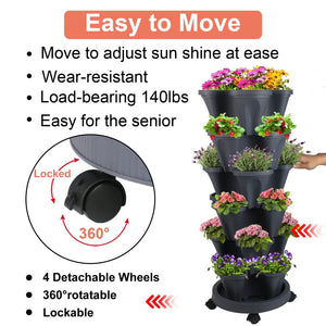 Stackable Planters 6 Tier Vertical Planters Strawberry, Herb, Flower, Vegetable Planter Indoor Outdoor Pots with Wheels, Dark Gray