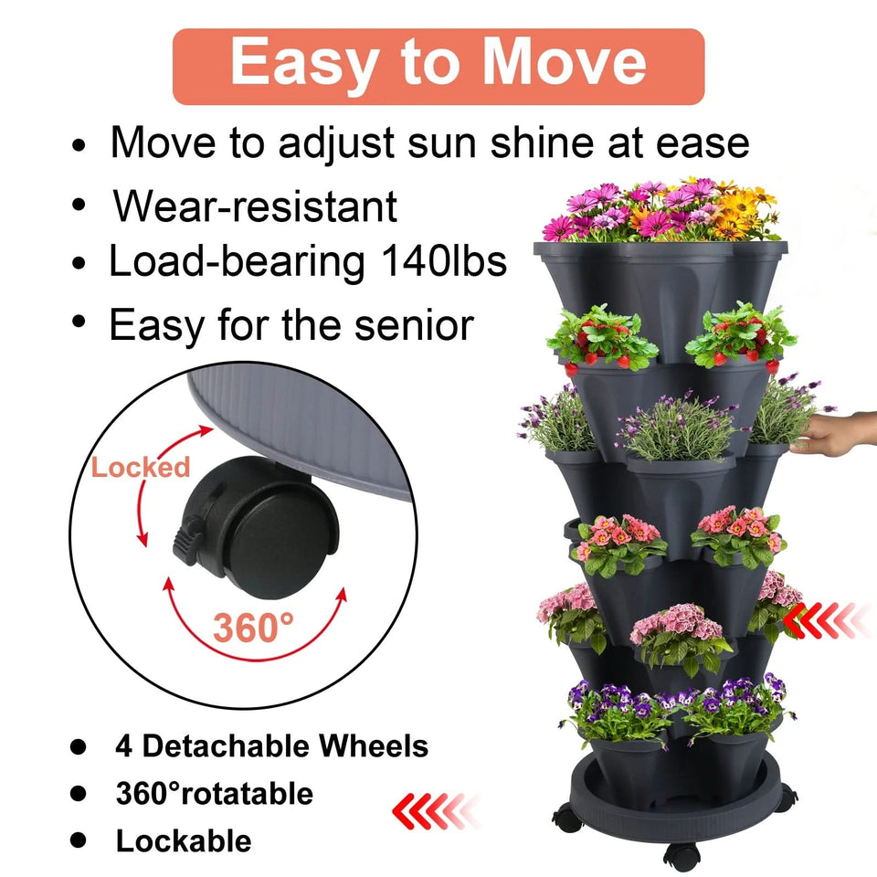 Stackable Planters 6 Tier Vertical Planters Strawberry, Herb, Flower, Vegetable Planter Indoor Outdoor Pots with Wheels, Dark Gray