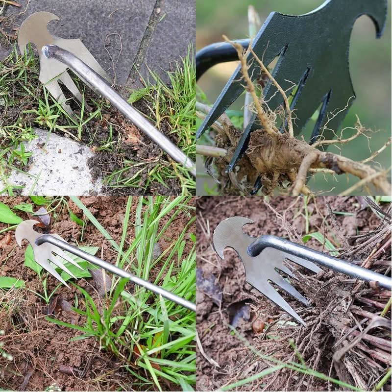 2-in-1-Gartenwerkzeug zum Unkrautjäten – Wurzelzieher, Bodenlockerer und 4-Zahn-Rechen