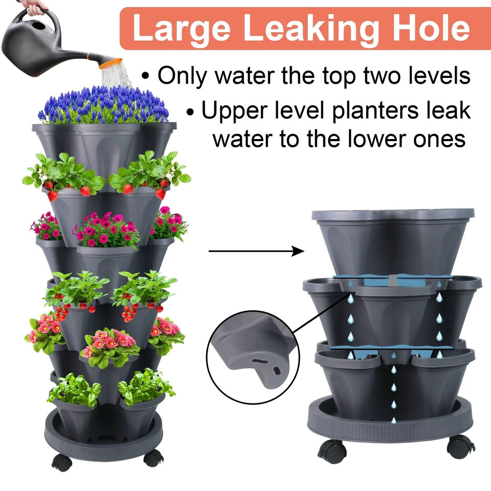 Stackable Planters 6 Tier Vertical Planters Strawberry, Herb, Flower, Vegetable Planter Indoor Outdoor Pots with Wheels, Dark Gray